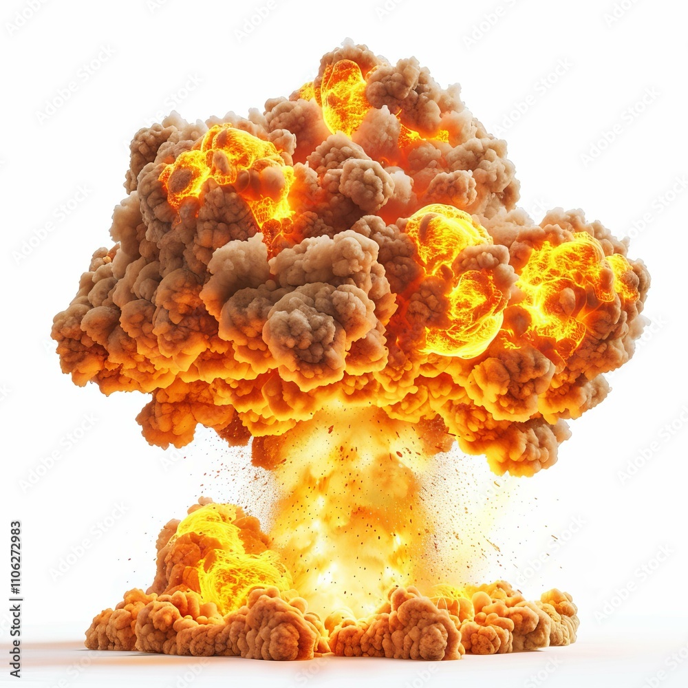Realistic fiery explosion creating a mushroom cloud on white background Realistic fiery explosion creating a mushroom cloud on white background