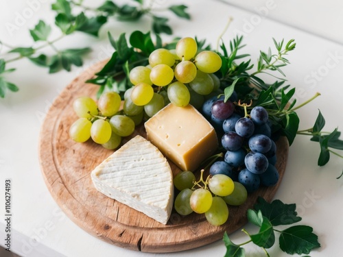Elegant cheese and grape still life on wooden board. photo