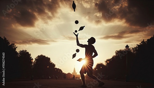 A person practicing juggling in a park, silhouette, action photography, aesthetics,