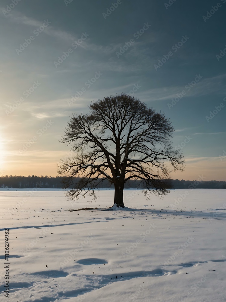 Isolated tree in snowy landscape with open sky. Isolated tree in snowy landscape with open sky.