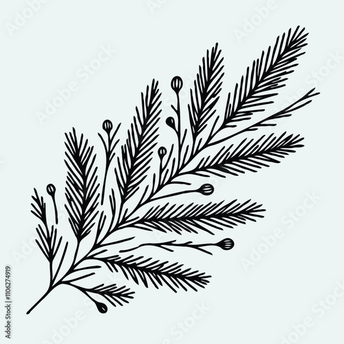 Seamless pattern xmas, blue spruce tree branches, christmas season. Hand drawn illustration Coniferous tree branch with berries and leaves.