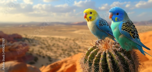 Colorful budgerigars perched on a cactus, with a vast, open desert in the background. photo