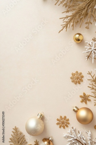Festive gold Christmas vertical decorations including baubles and a snowflake on a neutral beige surface creating a sophisticated holiday atmosphere