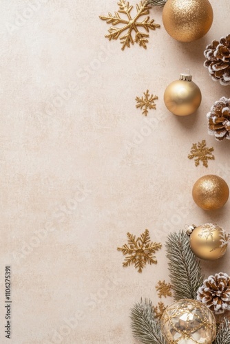 Festive gold Christmas vertical decorations including baubles and a snowflake on a neutral beige surface creating a sophisticated holiday atmosphere