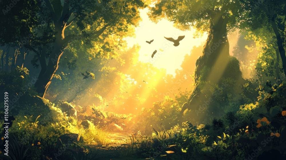Sunlit Forest Path Birds in Flight Golden Hour Scene Sunlit Forest Path Birds in Flight Golden Hour Scene
