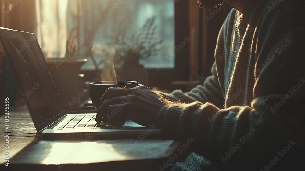 Man working on laptop, holding a warm drink, enjoying morning sunlight. Man working on laptop, holding a warm drink, enjoying morning sunlight.