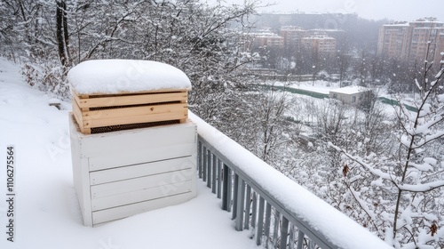 Wallpaper Mural White beehive sits quietly in a snow-covered garden surrounded by trees after a heavy snowfall, with beekeeping equipment nearby Torontodigital.ca