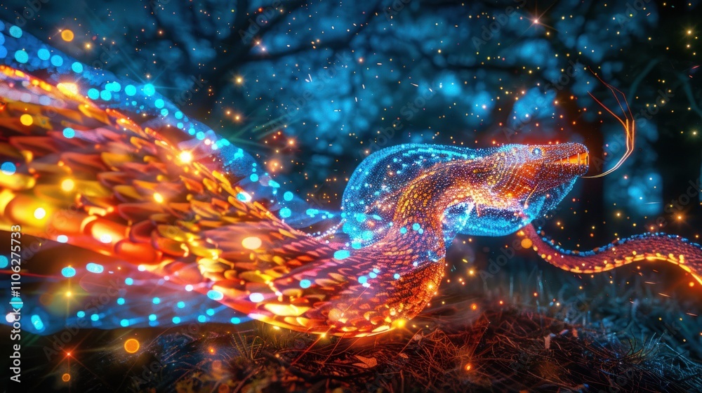 Mystical fire snake in a magical forest at night. Mystical fire snake in a magical forest at night.