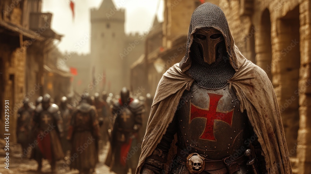 Fototapeta premium Medieval knight in hooded cloak leads army through ancient city.