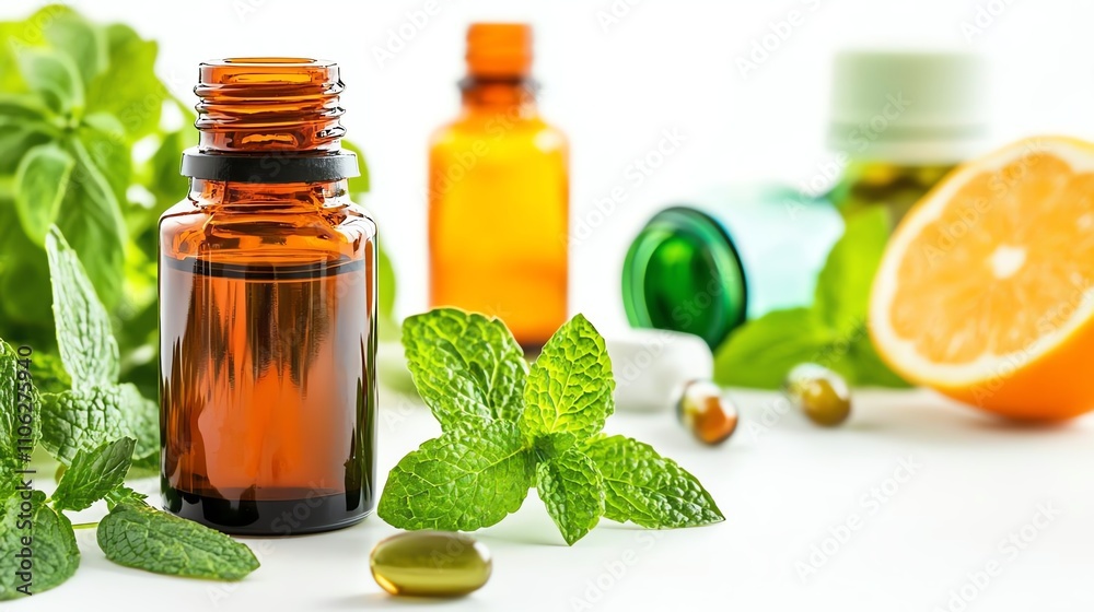 A vibrant arrangement of essential oil bottles surrounded by fresh herbs and citrus fruits, emphasizing natural wellness and health benefits in a bright, clean setting.