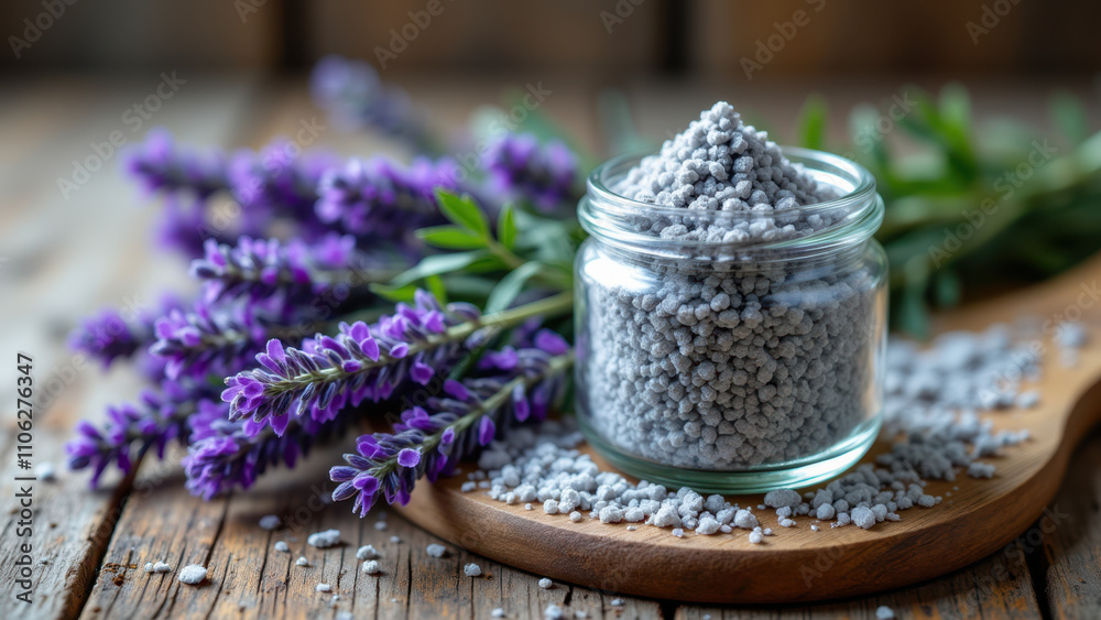 A jar of Celtic Sea Salt on a wooden surface with lavender flowers. A jar of Celtic Sea Salt on a wooden surface with lavender flowers.