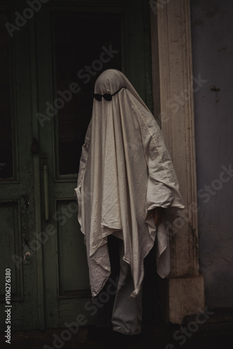 A ghostly figure stands by an old door, draped in a flowing white sheet. The face is obscured, adding an eerie effect. Dim lighting enhances the haunting atmosphere of the scene. photo