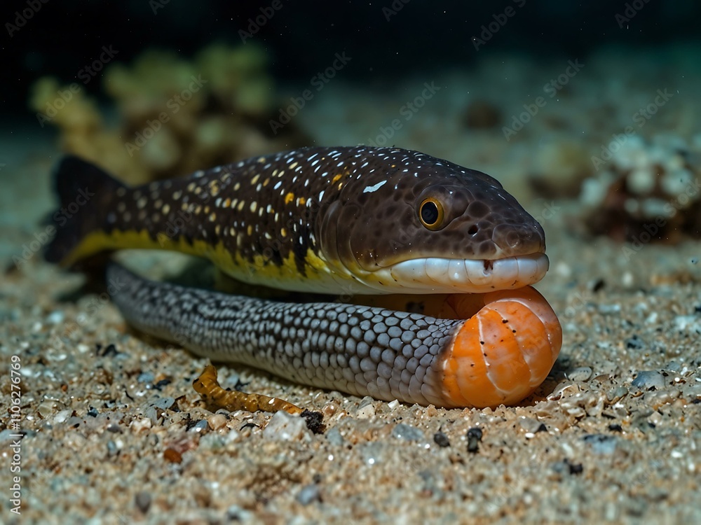Fototapeta premium Java moray eel being cleaned by shrimp.