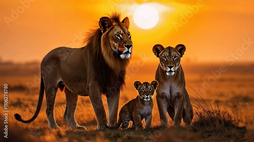 A Lion family sitting in the savannah against the backdrop of sunset. Lion with lioness and cub in African national park.