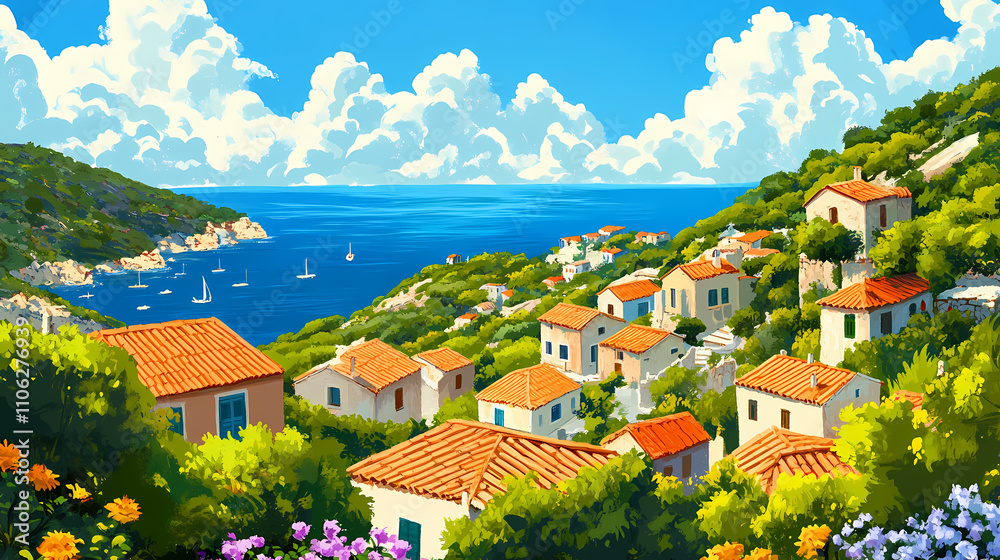 Obraz premium The scenic coastal landscape featuring a quaint village nestled amongst verdant hills overlooking the sparkling blue aegean sea and island. Verdant. Illustration