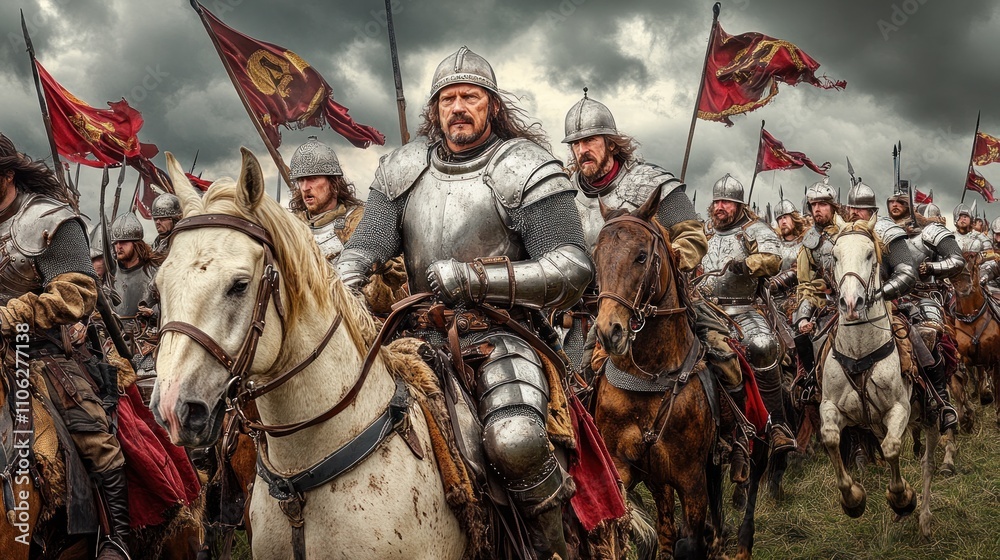 Medieval knights in full armor riding horses, approaching battlefield under stormy sky. Medieval knights in full armor riding horses, approaching battlefield under stormy sky.