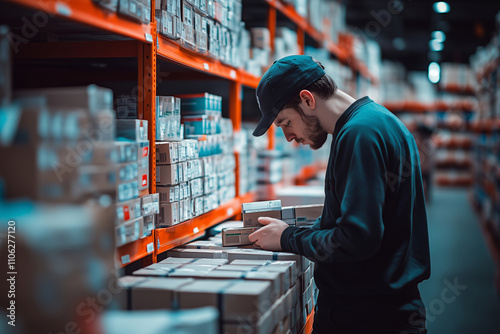 Logistics specialist inspecting inventory in a warehouse environment with focus