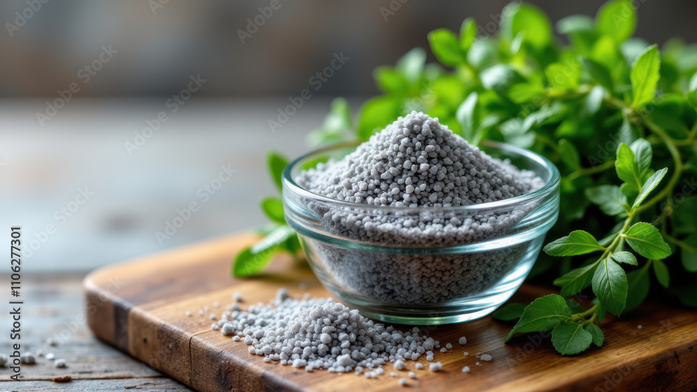 Celtic sea salt in a bowl on wooden table with herbs as garnish.