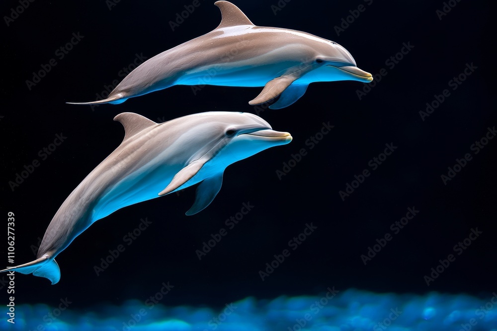 Obraz premium A dolphin glides elegantly through the serene ocean under an overcast sky on a peaceful morning.