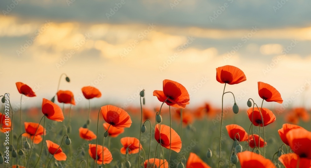 Obraz premium Field of poppies with warm morning sun using as natural background.