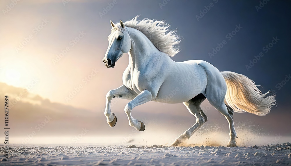  a strong white horse running, camera from the side, hipper realistic 