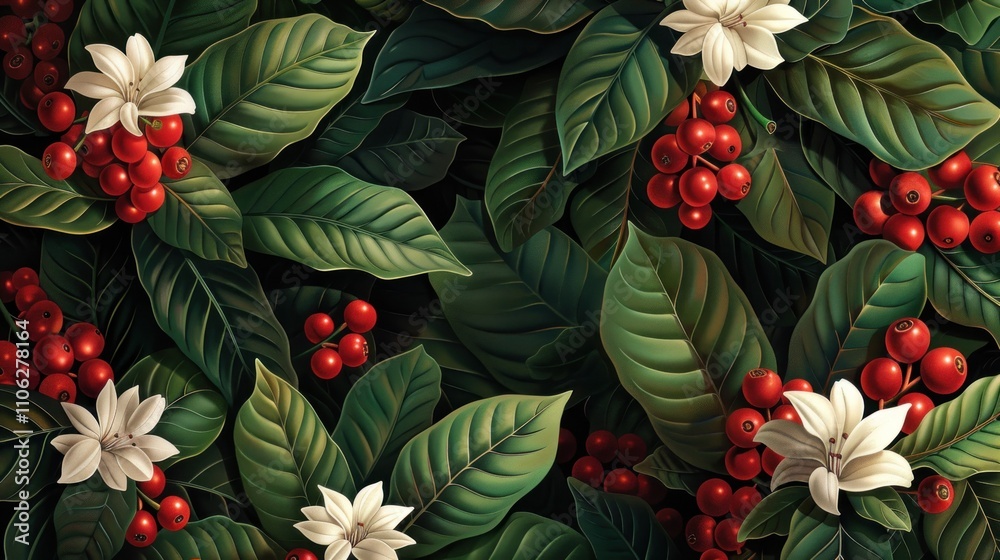 Fototapeta premium Coffee plant blossoms and berries, lush green leaves, detailed illustration.