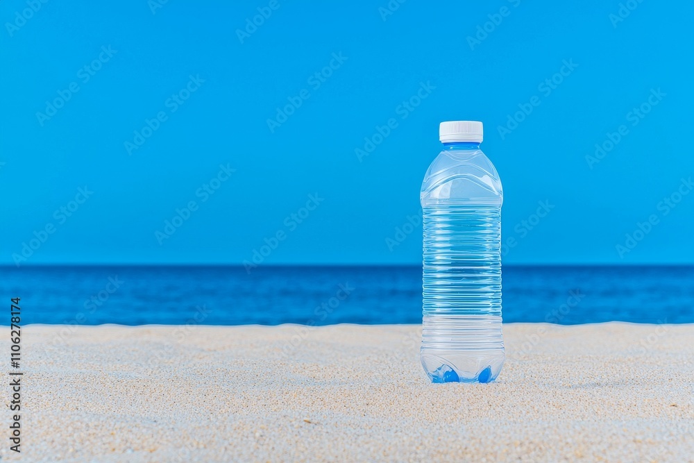 On sandy shores, a lone plastic water bottle sits against a backdrop of turquoise ocean waves, representing the issue of plastic pollution in natural settings.