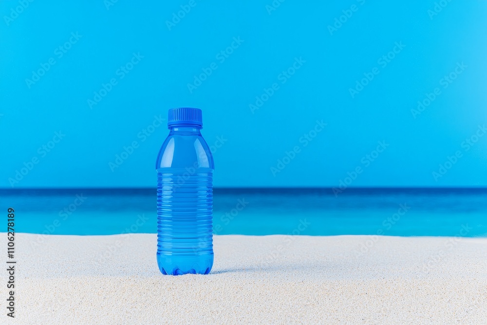 A solitary plastic water bottle lies on the sandy beach, with turquoise waves crashing behind it, highlighting the problem of plastic pollution in nature. A solitary plastic water bottle lies on the sandy beach, with turquoise waves crashing behind it, highlighting the problem of plastic pollution in nature.