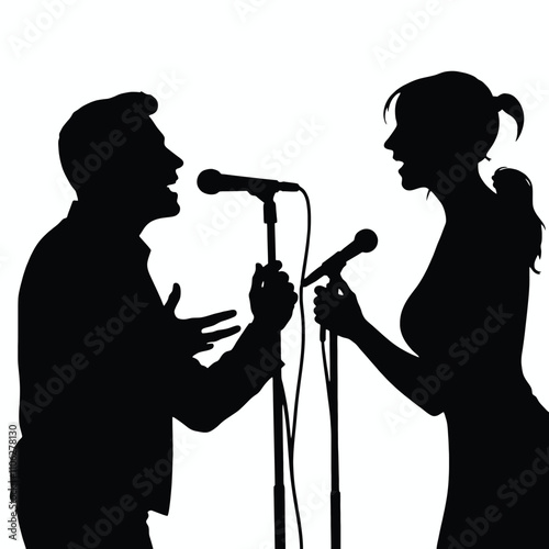 silhouette illustration of two singers, a man and a woman, facing each other while holding microphones
