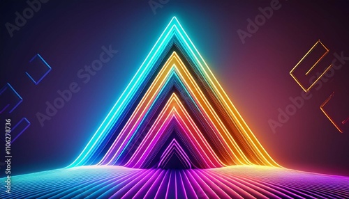 3d render abstract minimalist geometric background colorful neon ascending arrow linear sign