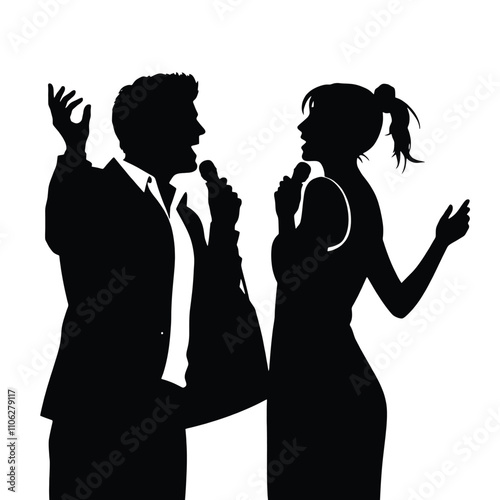 silhouette illustration of two singers, a man and a woman, facing each other while holding microphones