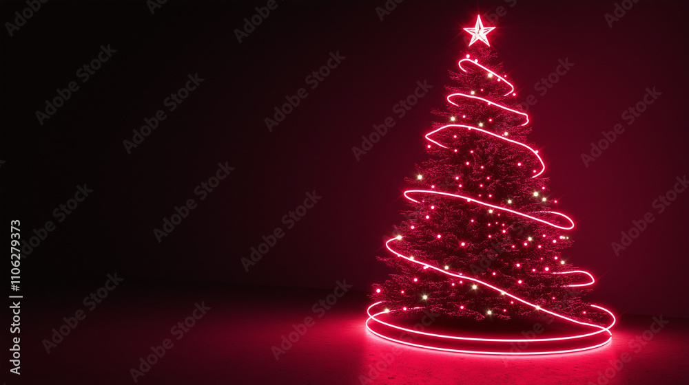 Modern neon-lit Christmas tree with glowing pink lights against a dark background Modern neon-lit Christmas tree with glowing pink lights against a dark background
