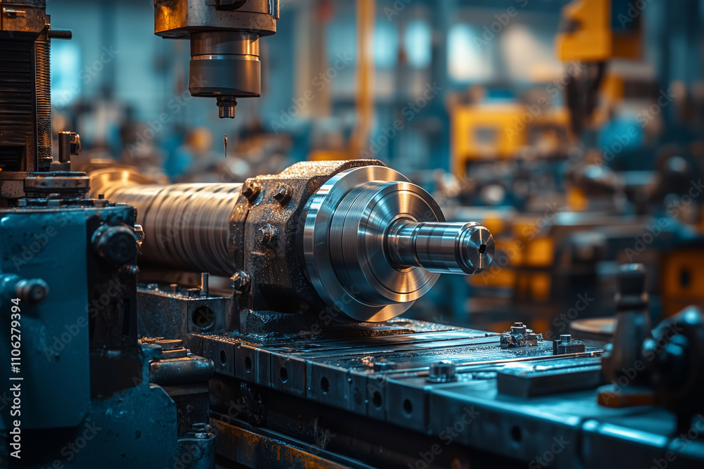 Fototapeta premium Skilled lathe operator demonstrates precision in a busy workshop environment