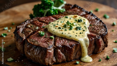 Juicy porterhouse steak topped with garlic butter.