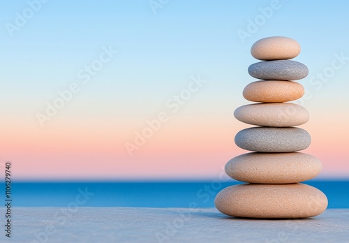 A pile of rocks in tranquil ocean waters, symbolizing meditation - a 3D rendering.