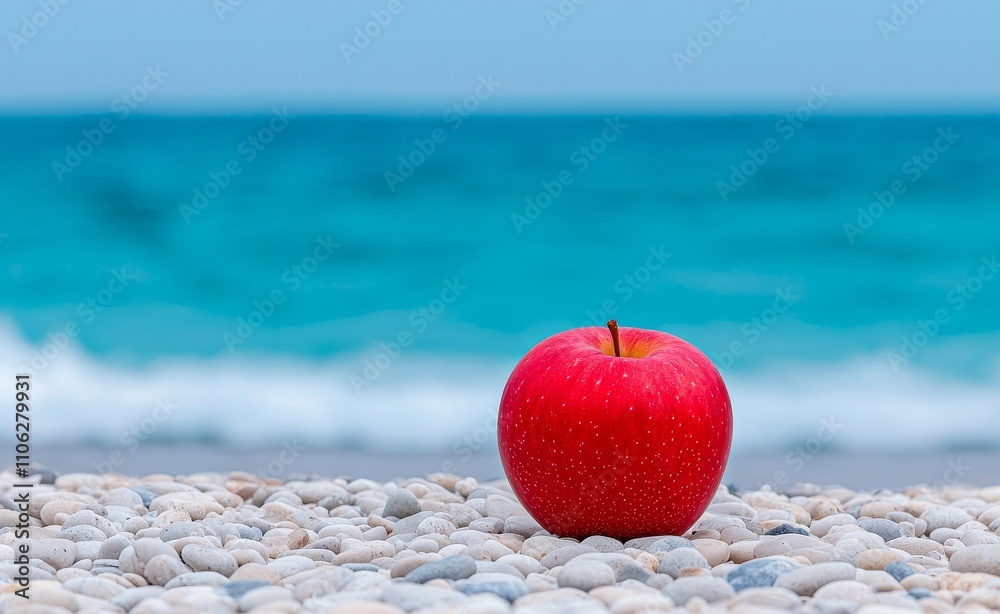 A red, partially eaten apple lies on a pebbly shore with the ocean in the background. The scene embodies the harmony between leisure and environmental conservation, promoting a diet focused on A red, partially eaten apple lies on a pebbly shore with the ocean in the background. The scene embodies the harmony between leisure and environmental conservation, promoting a diet focused on