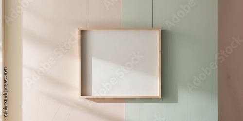 Blank wooden frame on pastel colored walls.