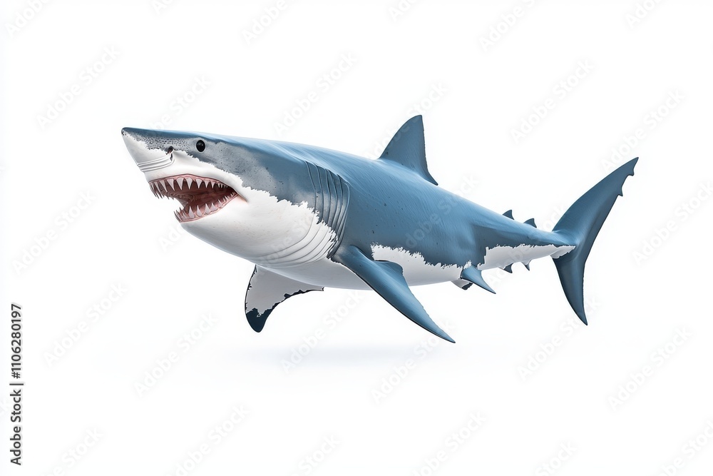 Naklejka premium A photorealistic illustration of a Great White Shark, an ocean predator, in a horizontal format with an aquatic theme, on a transparent background cutout, generated by AI.