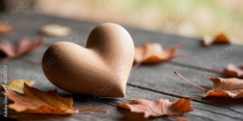 Autumnal Wooden Heart on Rustic Wood with Fallen Leaves. photo