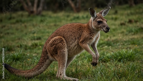 Kangaroo hopping through a grassy field.