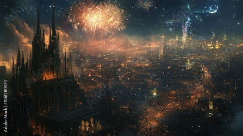 Festive fireworks illuminate a majestic gothic city at night.