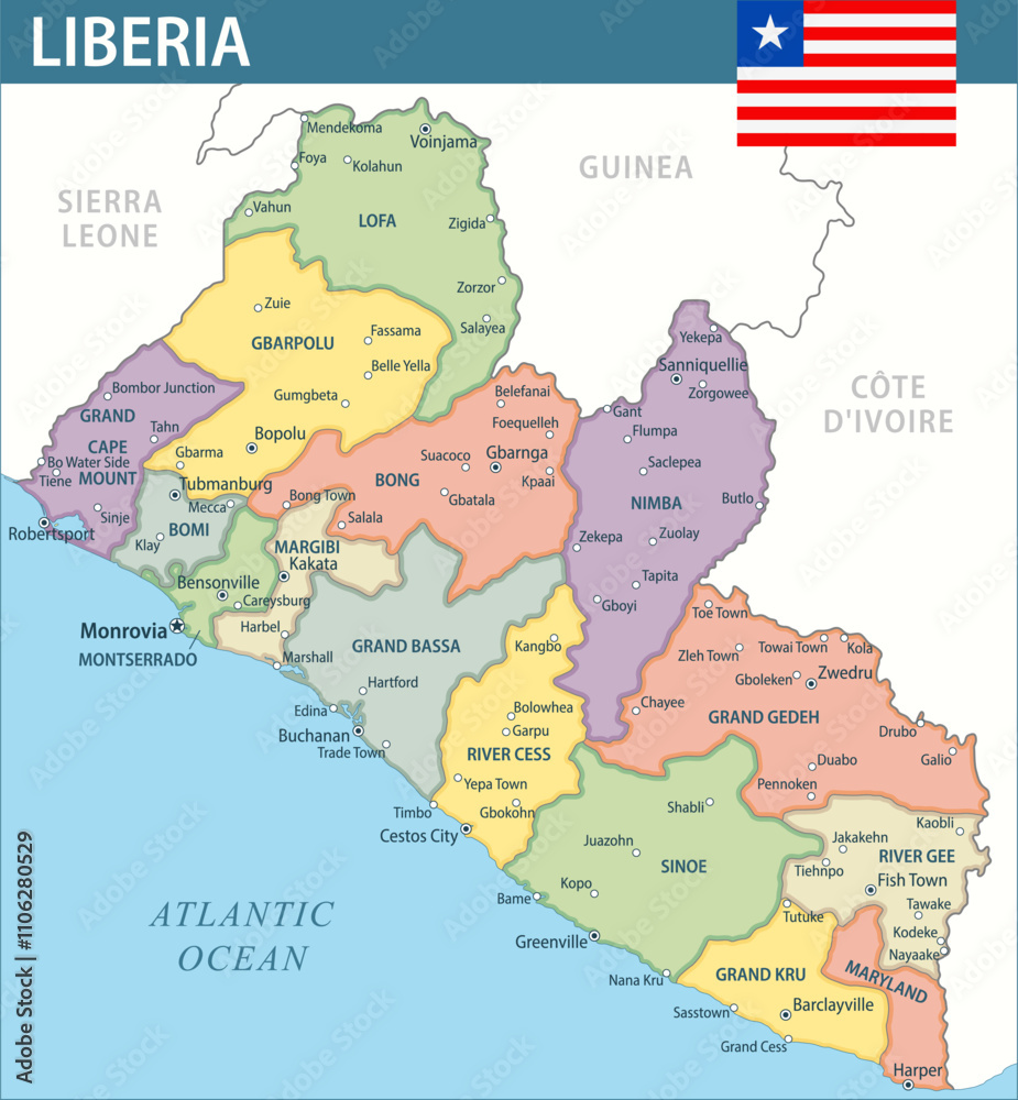 Obraz premium Liberia Map Vector New 2024 Colorful - Customizable layered political map of Liberia with administrative divisions for website, education, reports, news, politics, print, poster and wallpaper