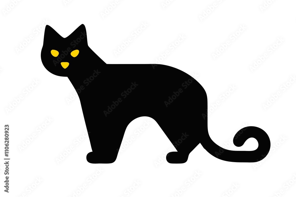 Obraz premium 2D drawing of a black cat with yellow eyes on a white background