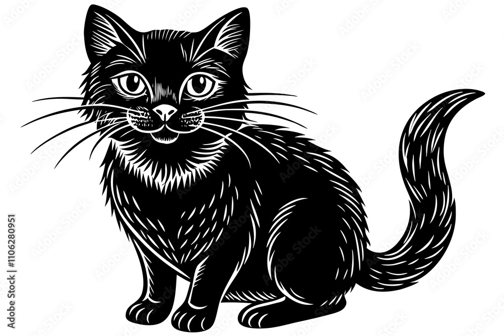 black and white 2D cat on a white background black and white 2D cat on a white background