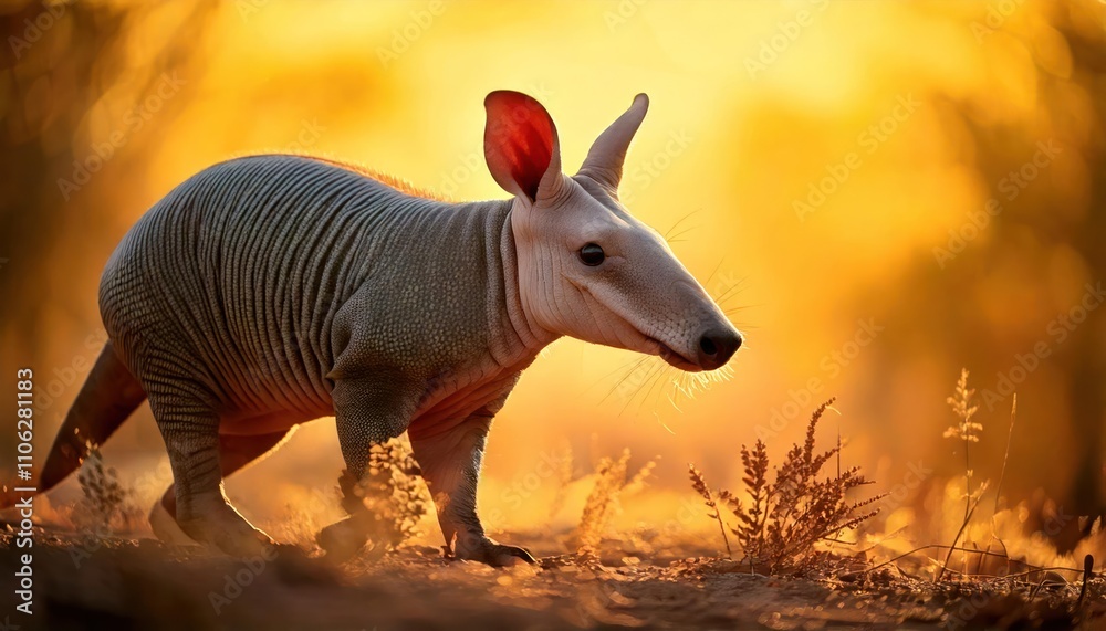 Fototapeta premium Aardvark walking in a warm, golden light with a soft-focus background.