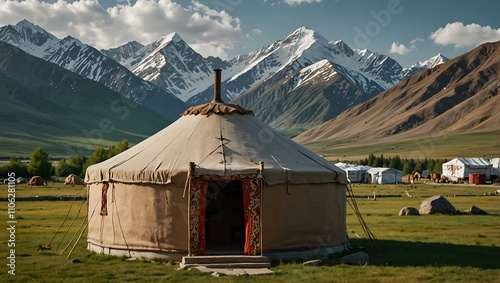 Kazakh yurt with mountains as the backdrop.