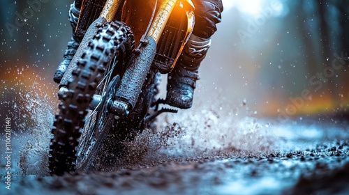 Motocross rider splashing through mud puddle. photo