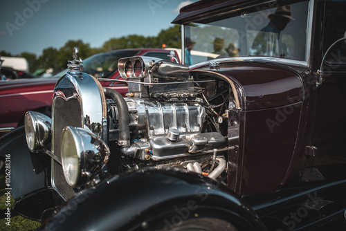 Classic vintage car with supercharged engine on the show.