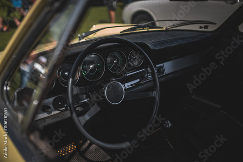Interior of famous classic German sports car on a vintage car show