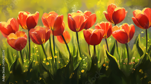 Radiant tulips bloom amidst a verdant meadow, their saturated colors gleaming under the warm light of a sunny afternoon. Verdant. Illustration photo